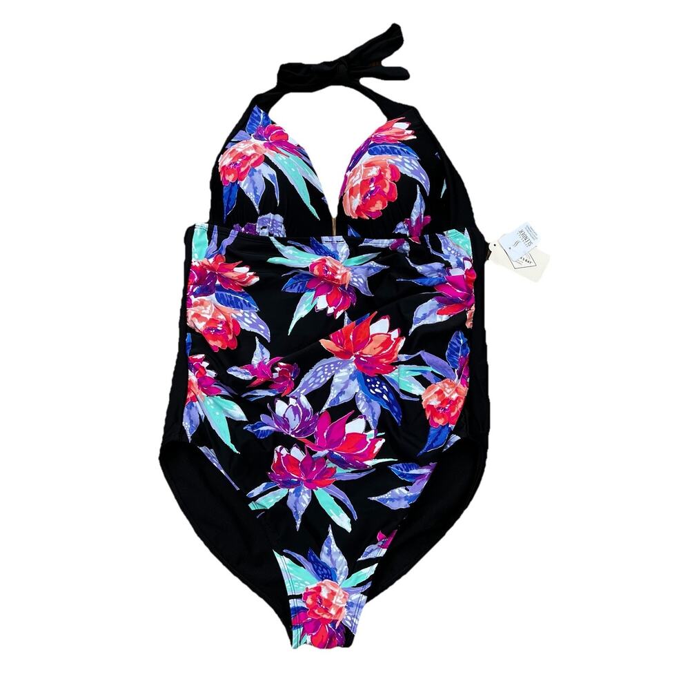 St John Bay Women’s Black Floral Swim SUIT Bathing 1PC RUCHED Padded 16 NEW